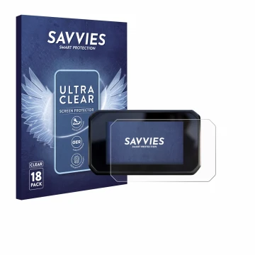 Front side of a product packaging with the brand logo Savvies. Next to it is the device Honda CBR650R 2025 shown with the corr