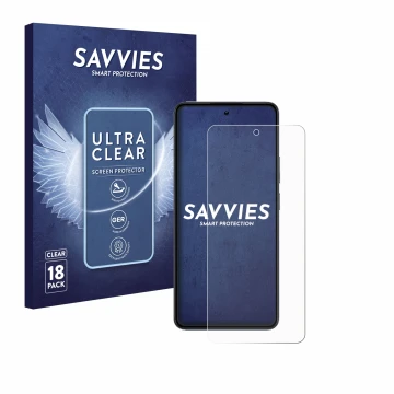 Front side of a product packaging with the brand logo Savvies. Next to it is the device realme 14 shown with the corresponding