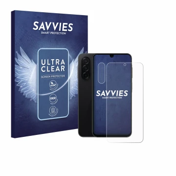 Front side of a product packaging with the brand logo Savvies. Next to it is the device Samsung Galaxy A26 5G Enterprise Editi