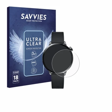 Front side of a product packaging with the brand logo Savvies. Next to it is the device Oppo Watch X2 Mini shown with the corr