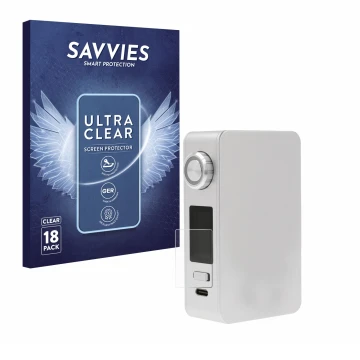 Front side of a product packaging with the brand logo Savvies. Next to it is the device Lost Vape Centaurus M200 shown with th