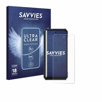 Front side of a product packaging with the brand logo Savvies. Next to it is the device Ulefone Armor 30 Pro shown with the co