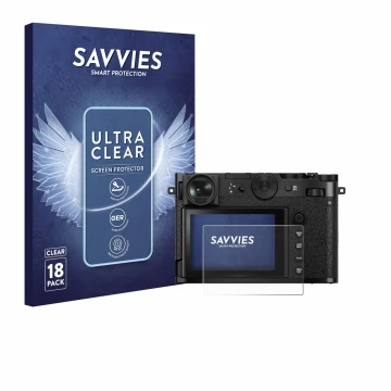 Front side of a product packaging with the brand logo Savvies. Next to it is the device Fujifilm GFX 100RF shown with the corr