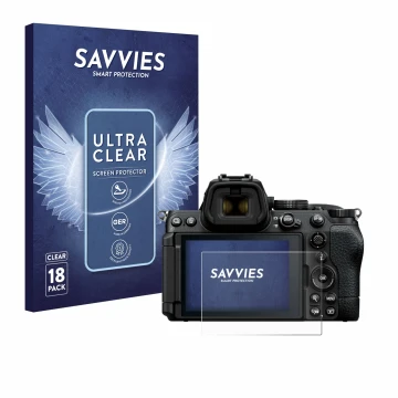 Front side of a product packaging with the brand logo Savvies. Next to it is the device Nikon Z5 II shown with the correspondi