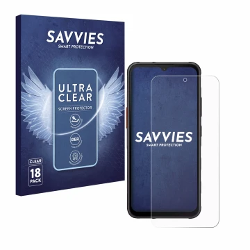 Front side of a product packaging with the brand logo Savvies. Next to it is the device Samsung Galaxy XCover 7 Enterprise Edi
