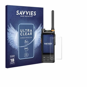 Front side of a product packaging with the brand logo Savvies. Next to it is the device Hytera PDC680 shown with the correspon