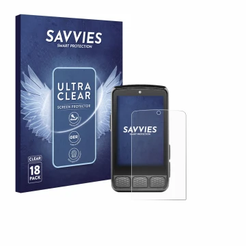 Front side of a product packaging with the brand logo Savvies. Next to it is the device Wahoo Elemnt Roam 3 shown with the cor