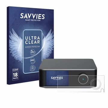 Front side of a product packaging with the brand logo Savvies. Next to it is the device WiiM Ultra shown with the correspondin