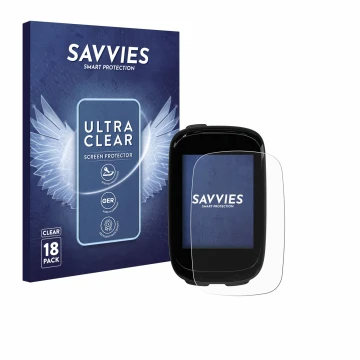 Front side of a product packaging with the brand logo Savvies. Next to it is the device Decathlon Van Rysel GPS 500 shown with