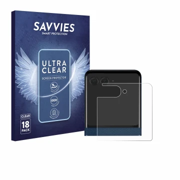 Front side of a product packaging with the brand logo Savvies. Next to it is the device Motorola Razr 60 (Back display) shown 
