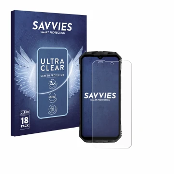 Front side of a product packaging with the brand logo Savvies. Next to it is the device Doogee V Max S shown with the correspo