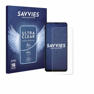 Front side of a product packaging with the brand logo Savvies. Next to it is the device Doogee Note 59 Pro shown with the corr