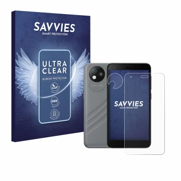 Front side of a product packaging with the brand logo Savvies. Next to it is the device ZTE Blade A35 lite (Front+Camera) show