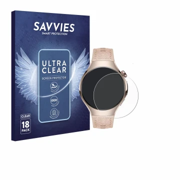 Front side of a product packaging with the brand logo Savvies. Next to it is the device Huawei Watch 5 (42 mm) shown with the 