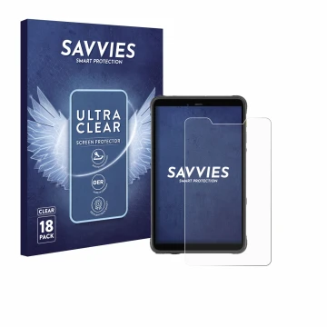 Front side of a product packaging with the brand logo Savvies. Next to it is the device Ulefone Armor Pad Pro shown with the c