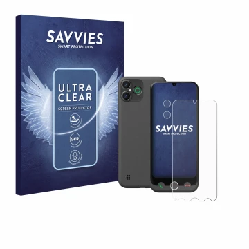 Front side of a product packaging with the brand logo Savvies. Next to it is the device Doro Aurora A30 (Front+Camera) shown w