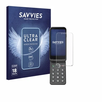 Front side of a product packaging with the brand logo Savvies. Next to it is the device Doro Aurora A20 shown with the corresp
