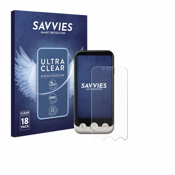 Front side of a product packaging with the brand logo Savvies. Next to it is the device Doro Aurora A10 shown with the corresp