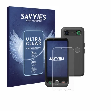 Front side of a product packaging with the brand logo Savvies. Next to it is the device Doro Aurora A10 (Front+Camera) shown w