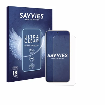 Front side of a product packaging with the brand logo Savvies. Next to it is the device Honor 400 shown with the corresponding