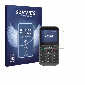 Front side of a product packaging with the brand logo Savvies. Next to it is the device Doro 1380 shown with the corresponding