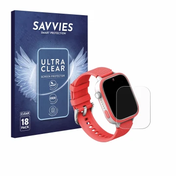 Front side of a product packaging with the brand logo Savvies. Next to it is the device AngelTech Kids Smartwatch Ultra 1.83