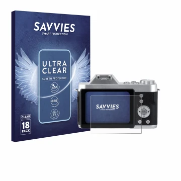 Front side of a product packaging with the brand logo Savvies. Next to it is the device Rollei Powerflex 10x Retro shown with 