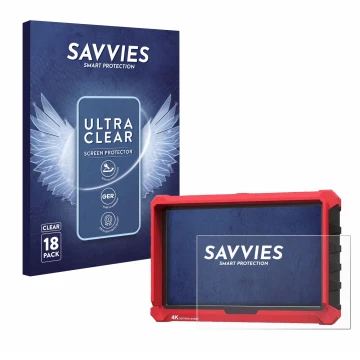 Front side of a product packaging with the brand logo Savvies. Next to it is the device Lilliput A7s 7