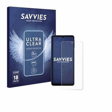 Front side of a product packaging with the brand logo Savvies. Next to it is the device Sharp Aquos Sense 8 shown with the cor
