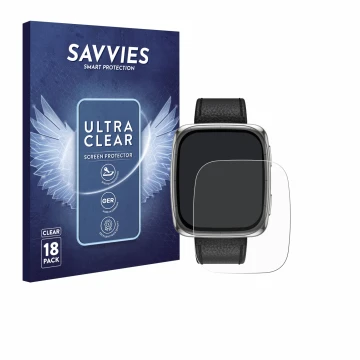 Front side of a product packaging with the brand logo Savvies. Next to it is the device Amazfit Active 2 (rectangular) shown w