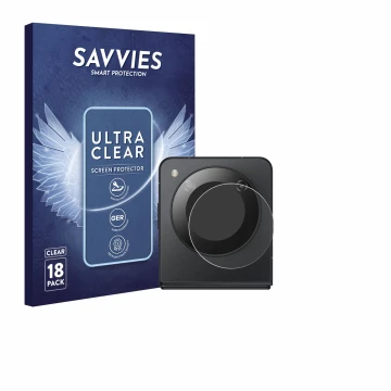 Front side of a product packaging with the brand logo Savvies. Next to it is the device Nubia Flip 5G (ONLY Camera) shown with