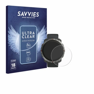 Front side of a product packaging with the brand logo Savvies. Next to it is the device Polar Grit X2 shown with the correspon