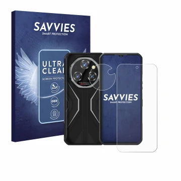 Front side of a product packaging with the brand logo Savvies. Next to it is the device Oukitel WP55 Pro (Front+Camera) shown 