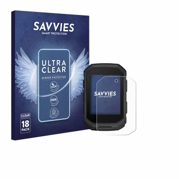 Front side of a product packaging with the brand logo Savvies. Next to it is the device Garmin Edge MTB shown with the corresp
