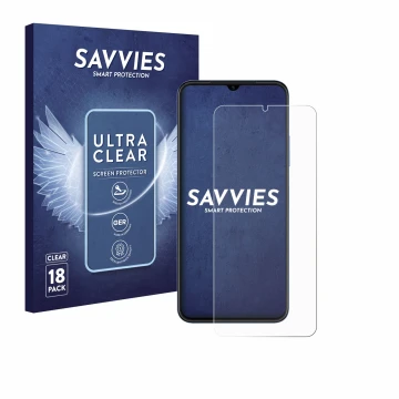 Front side of a product packaging with the brand logo Savvies. Next to it is the device Huawei Nova Y61 shown with the corresp