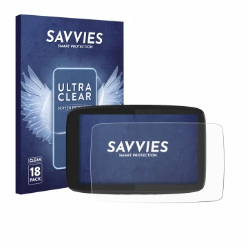 Front side of a product packaging with the brand logo Savvies. Next to it is the device TomTom GO Camper Tour shown with the c
