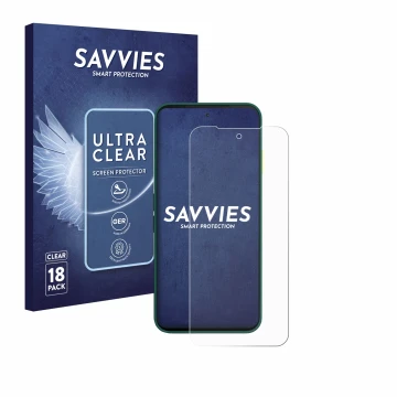 Front side of a product packaging with the brand logo Savvies. Next to it is the device Fairphone 6 shown with the correspondi