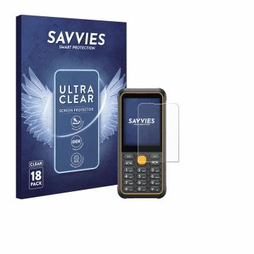 Front side of a product packaging with the brand logo Savvies. Next to it is the device Ulefone Armor Mini 4 shown with the co
