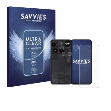 Front side of a product packaging with the brand logo Savvies. Next to it is the device Nothing Phone (3) (Front+Camera) shown