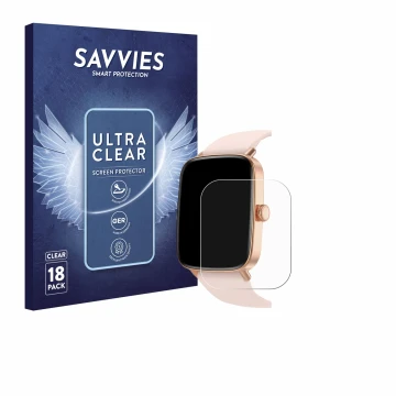 Front side of a product packaging with the brand logo Savvies. Next to it is the device Yoever Smartwatch 1.85