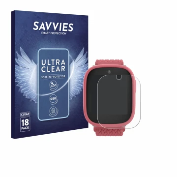 Front side of a product packaging with the brand logo Savvies. Next to it is the device Xplora X6 Play 2025 (2nd generation) s