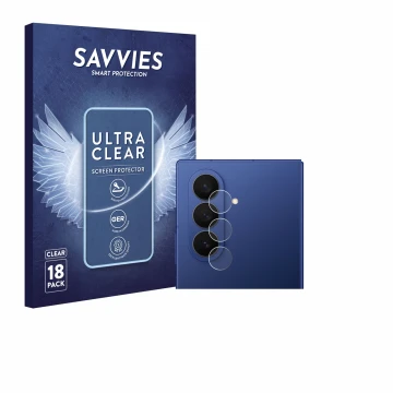 Front side of a product packaging with the brand logo Savvies. Next to it is the device Samsung Galaxy Z Fold 7 (ONLY Camera L