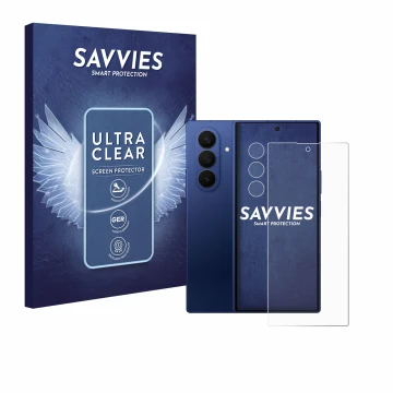 Front side of a product packaging with the brand logo Savvies. Next to it is the device Samsung Galaxy Z Fold 7 (Front+Camera)