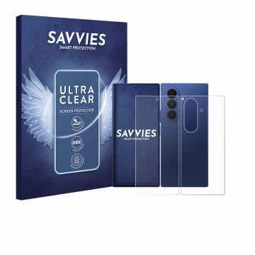 Front side of a product packaging with the brand logo Savvies. Next to it is the device Samsung Galaxy Z Fold 7 (Front+Back) s