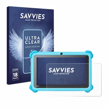 Front side of a product packaging with the brand logo Savvies. Next to it is the device zcobro KIDS710 7