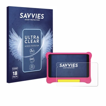 Front side of a product packaging with the brand logo Savvies. Next to it is the device Happybe Kids Tablet 7