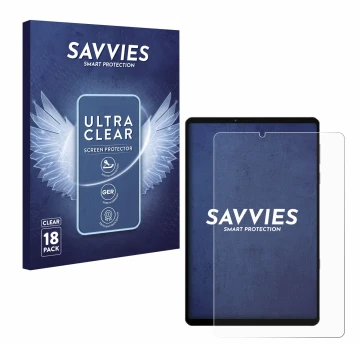 Front side of a product packaging with the brand logo Savvies. Next to it is the device Lenovo Legion Y700 2022 shown with the