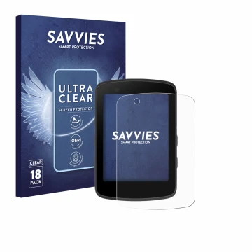 Front side of a product packaging with the brand logo Savvies. Next to it is the device Bryton Rider 650 shown with the corres