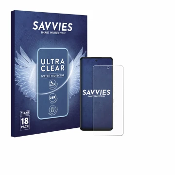 Front side of a product packaging with the brand logo Savvies. Next to it is the device TCL 50 Pro NXTPaper 5G shown with the 