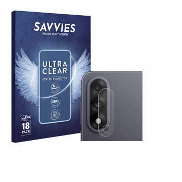Front side of a product packaging with the brand logo Savvies. Next to it is the device OnePlus Nord 5 (ONLY Camera Lens) show